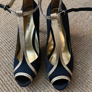 Nine West T-Strap Peep Toe 3.5” Heels in Black Satin/Gold, Size 7.5-8 (NWT)